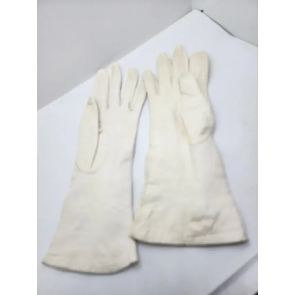 Vintage White Leather Gloves Womens Hand Embroidered Floral 1940s 50s